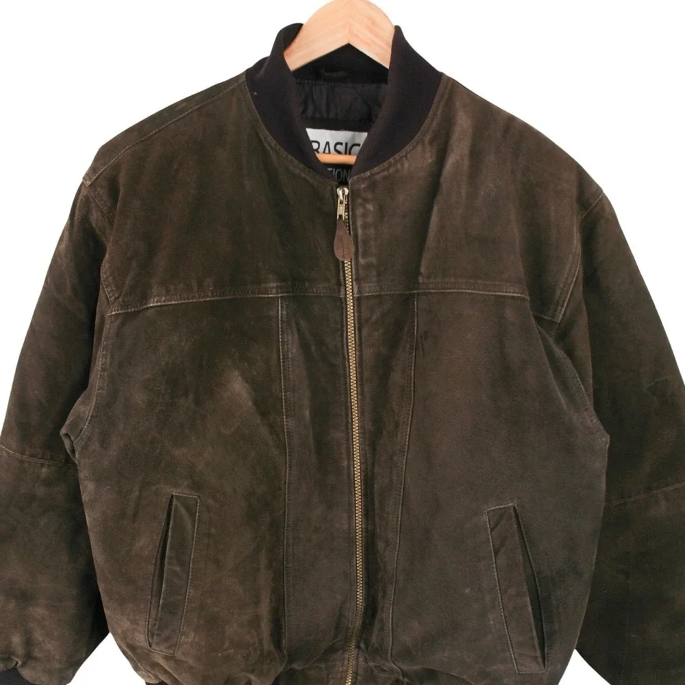 Vintage Basic Editions Brown Leather Bomber Jacket Quilted Lined Zip Mens Medium